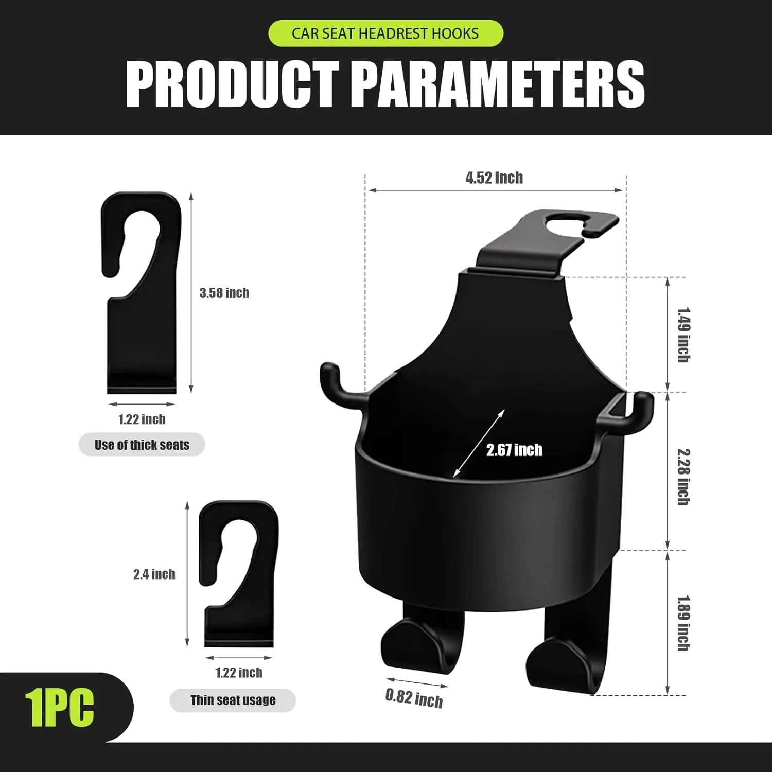 1 PC Car Seat Headrest Water Cup Holder, Three-in-one Multifunctional Mobile Phone Holder Hanging Storage Rack, Headrest Hook for Backpacks Umbrellas, Universal for Cars Trucks (Black)
