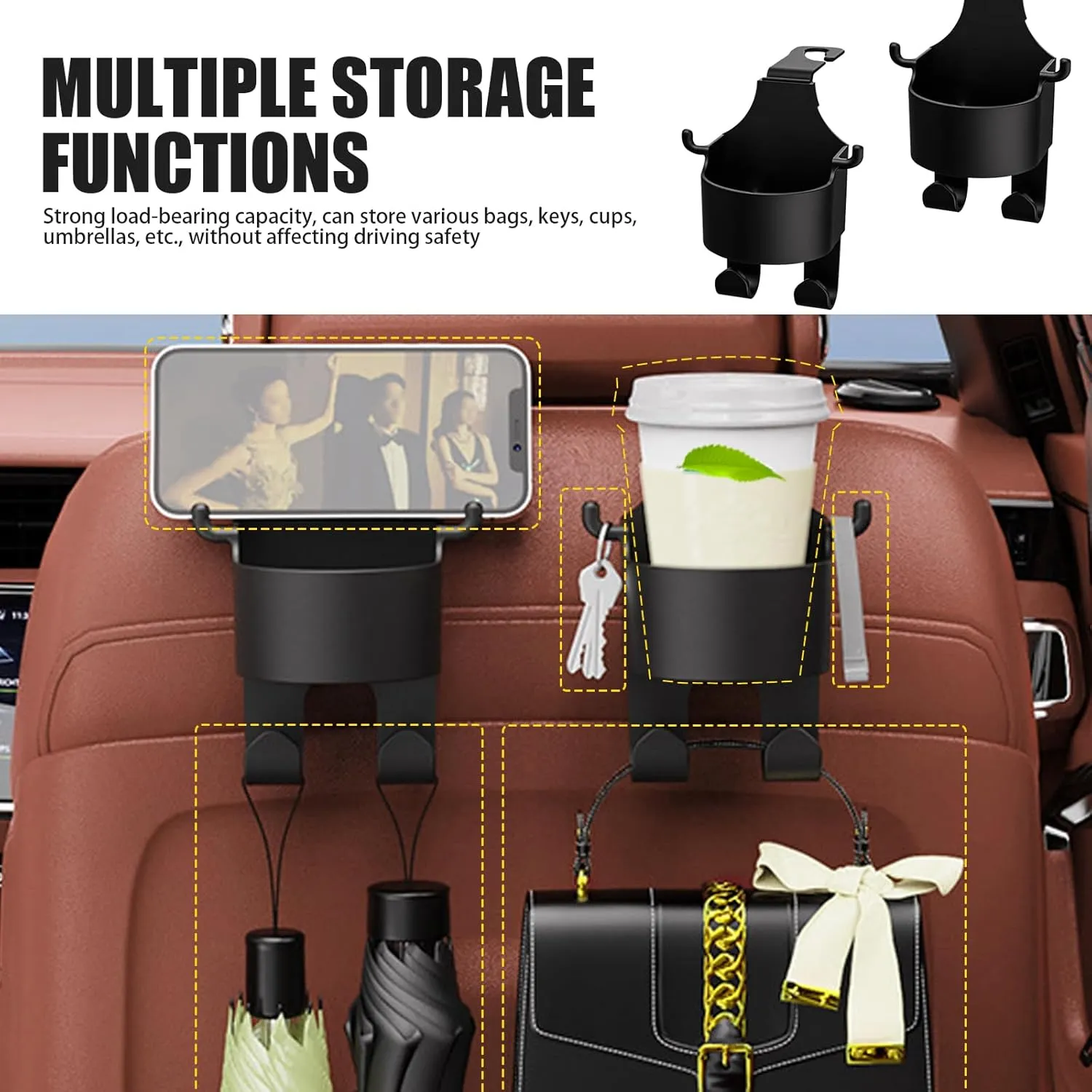 1 PC Car Seat Headrest Water Cup Holder, Three-in-one Multifunctional Mobile Phone Holder Hanging Storage Rack, Headrest Hook for Backpacks Umbrellas, Universal for Cars Trucks (Black)
