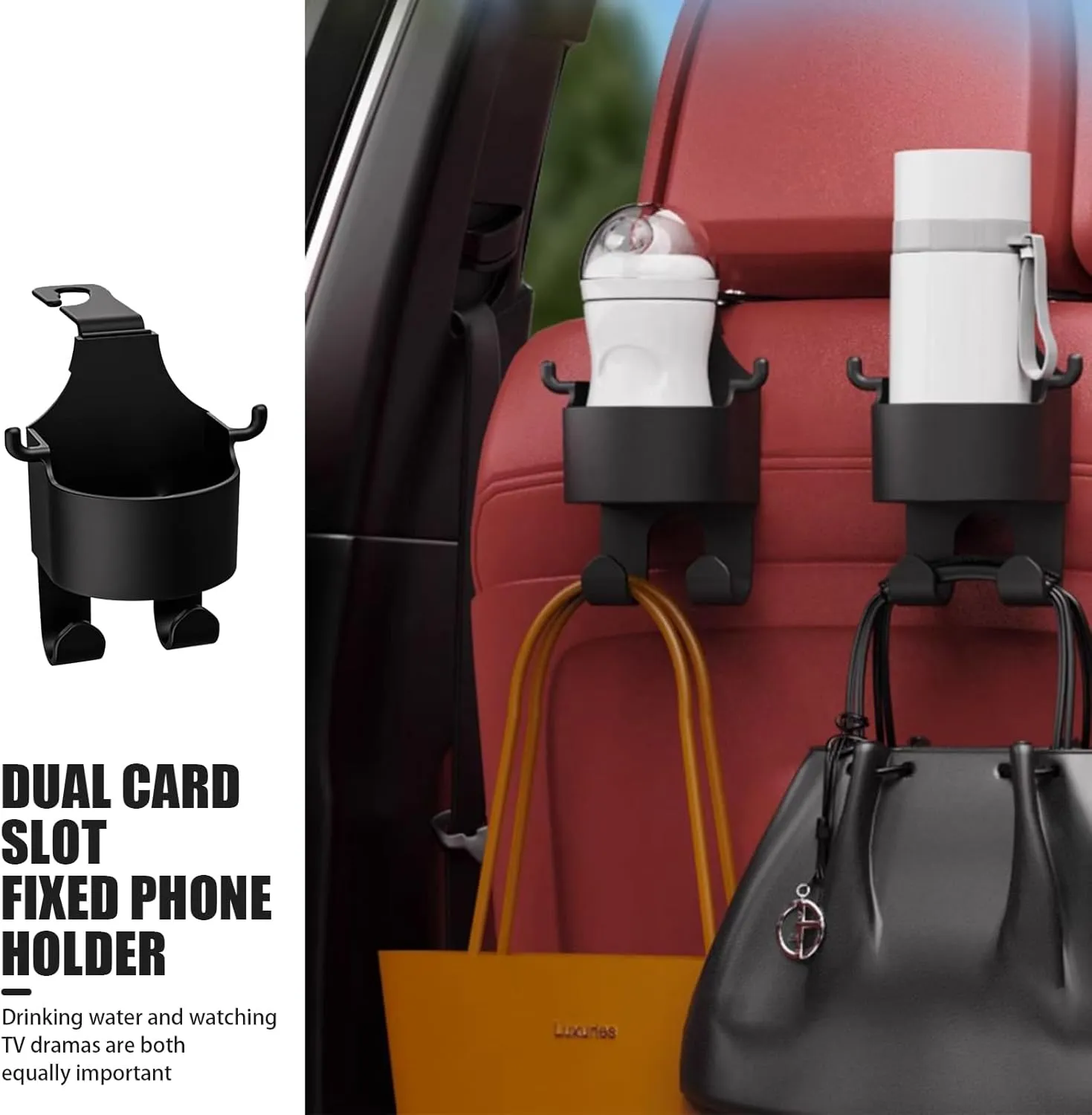 1 PC Car Seat Headrest Water Cup Holder, Three-in-one Multifunctional Mobile Phone Holder Hanging Storage Rack, Headrest Hook for Backpacks Umbrellas, Universal for Cars Trucks (Black)