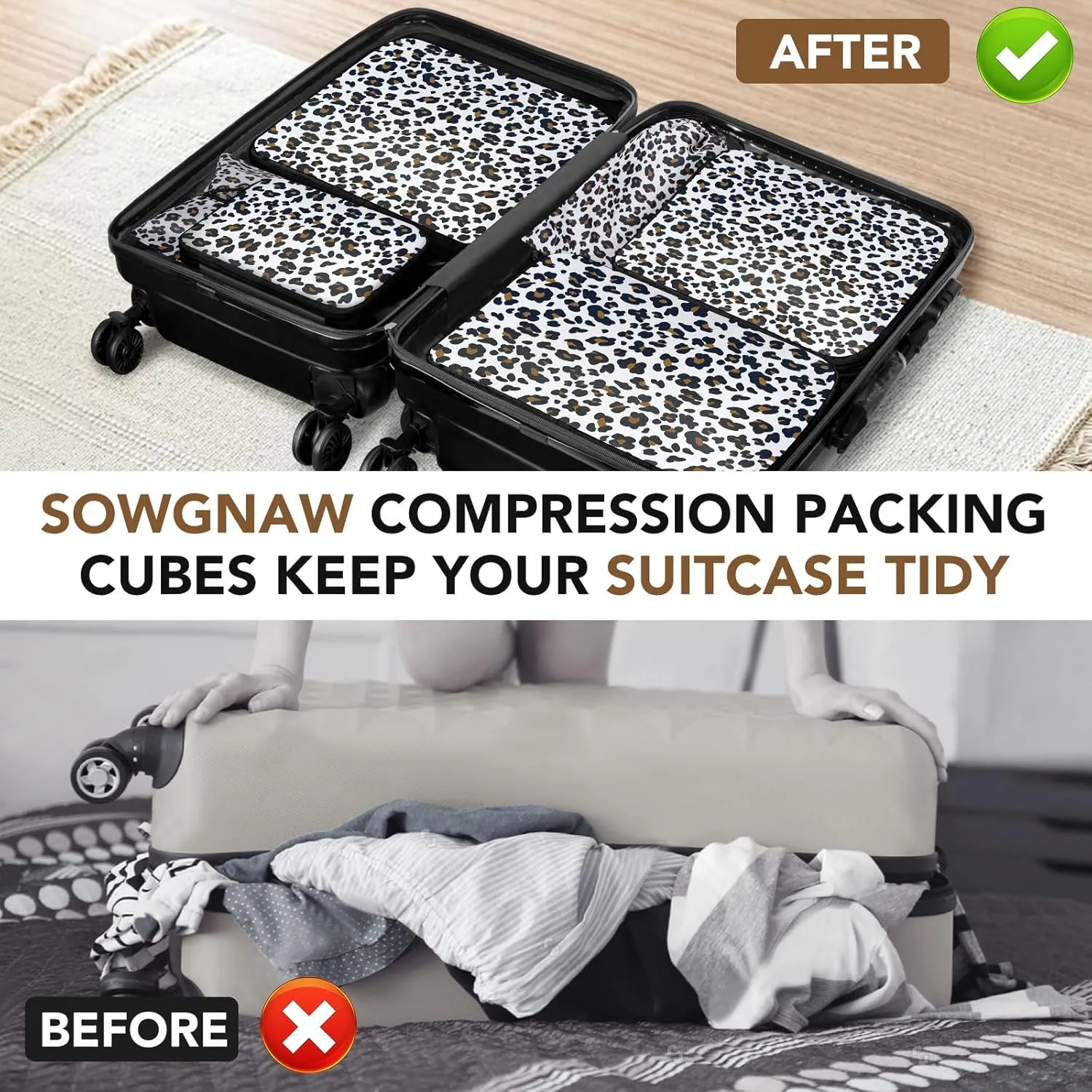 4PCS Leopard Packing Cubes for Travel, Lightweight Compression Travel Bags - Luggage Suitcase Organizer, Expandable, Zipper Closure