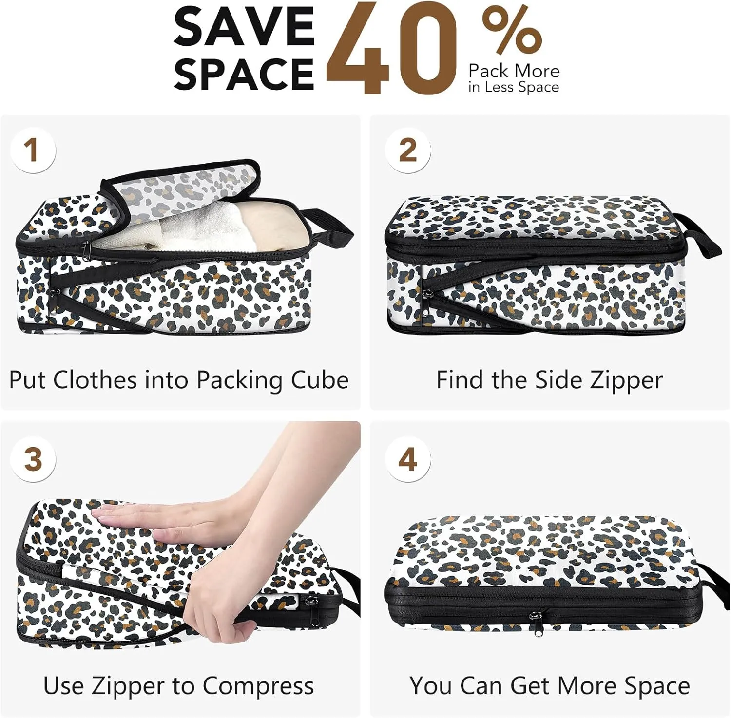 4PCS Leopard Packing Cubes for Travel, Lightweight Compression Travel Bags - Luggage Suitcase Organizer, Expandable, Zipper Closure