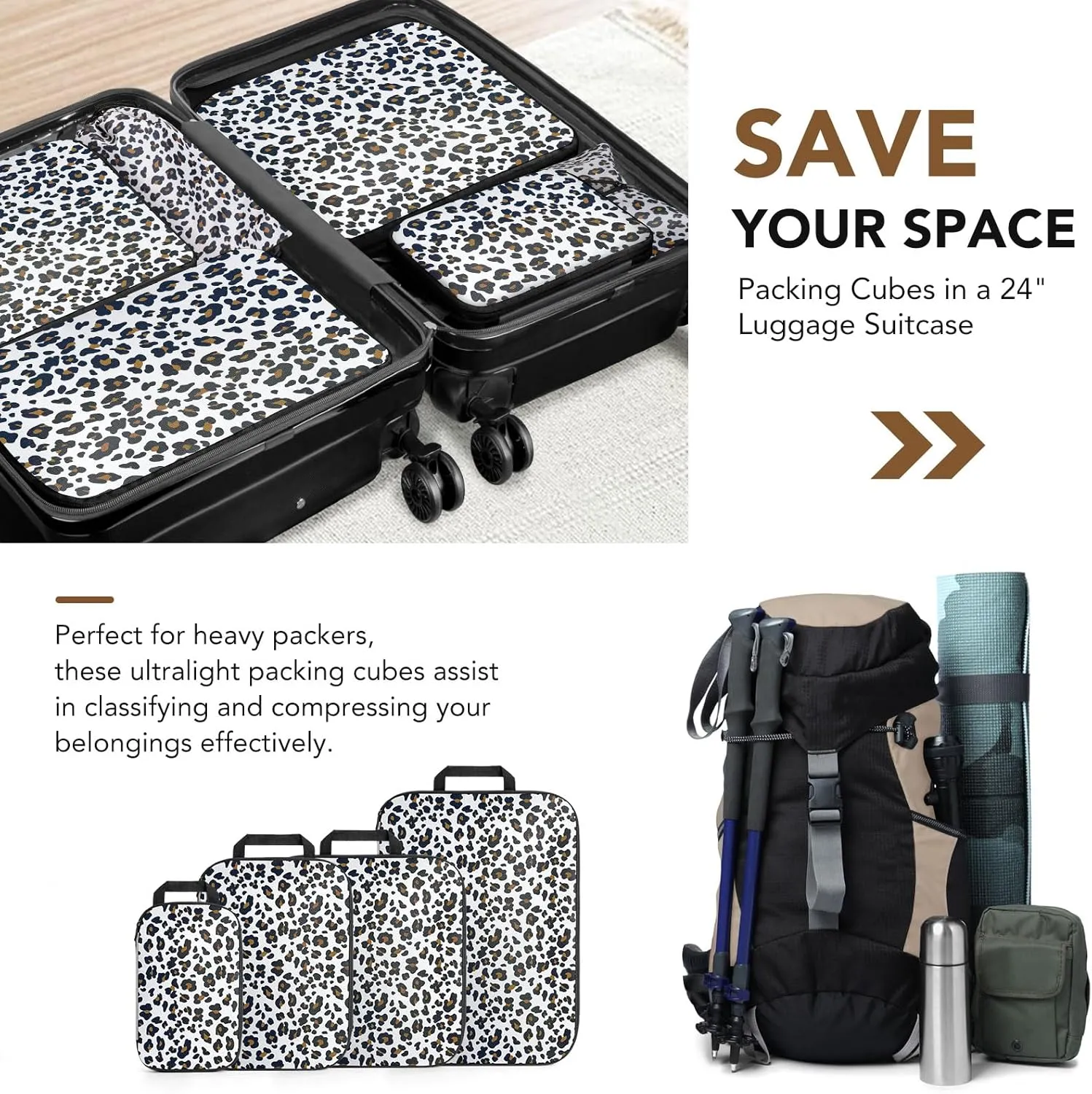 4PCS Leopard Packing Cubes for Travel, Lightweight Compression Travel Bags - Luggage Suitcase Organizer, Expandable, Zipper Closure