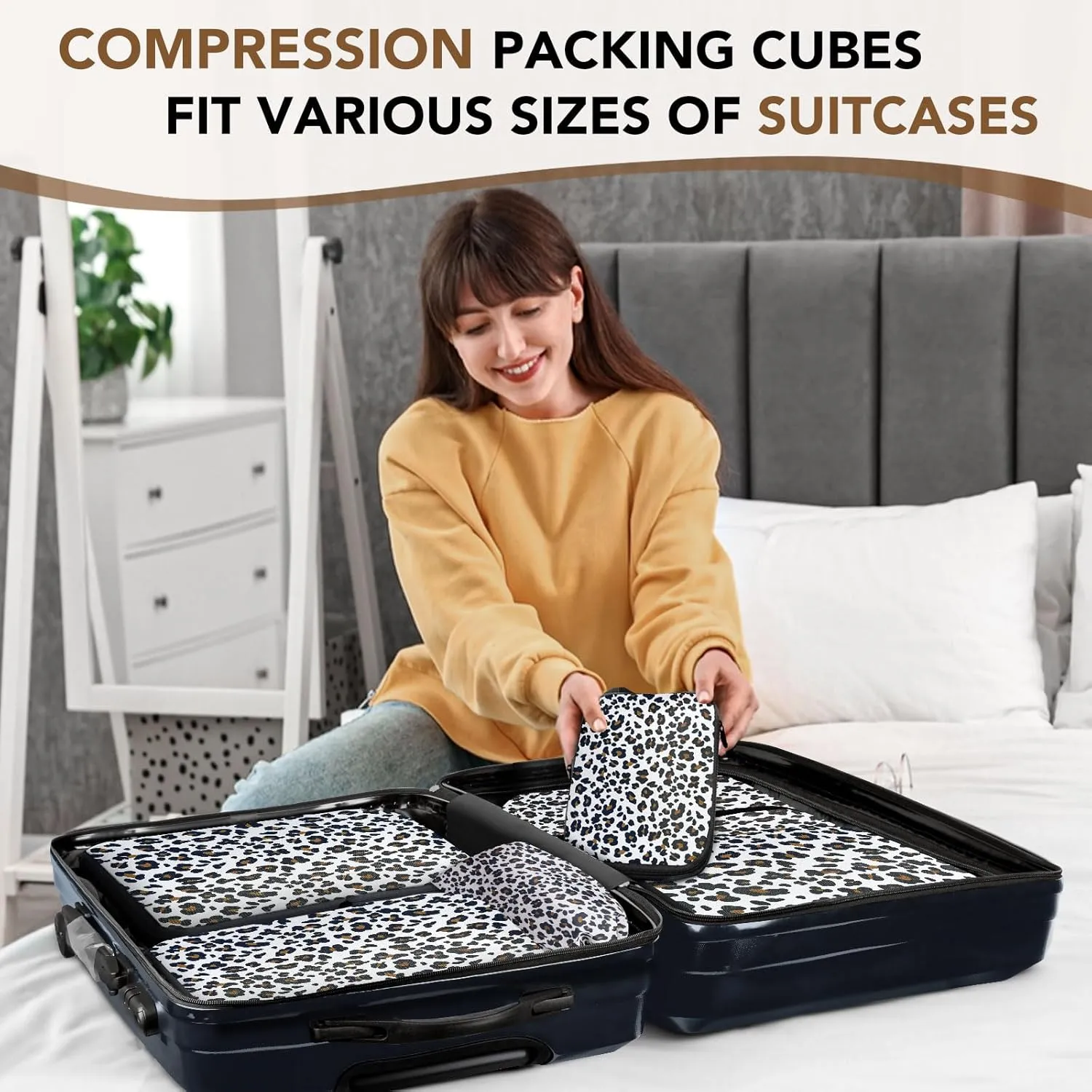 4PCS Leopard Packing Cubes for Travel, Lightweight Compression Travel Bags - Luggage Suitcase Organizer, Expandable, Zipper Closure