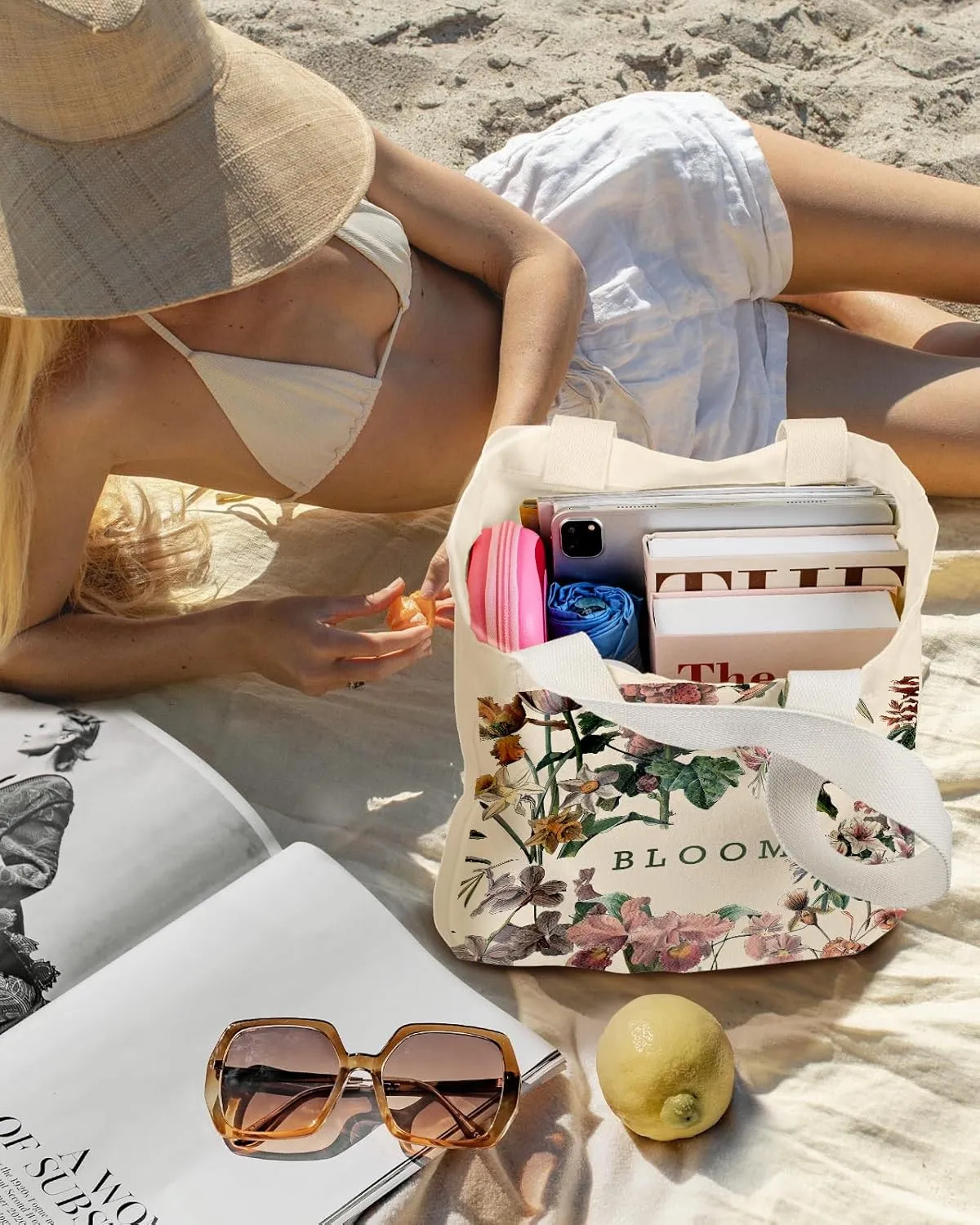 Aesthetic Heavy Canvas Tote Bag with Pocket for Women, Cloth Gusseted Totes Bag with Pattern for Shopping