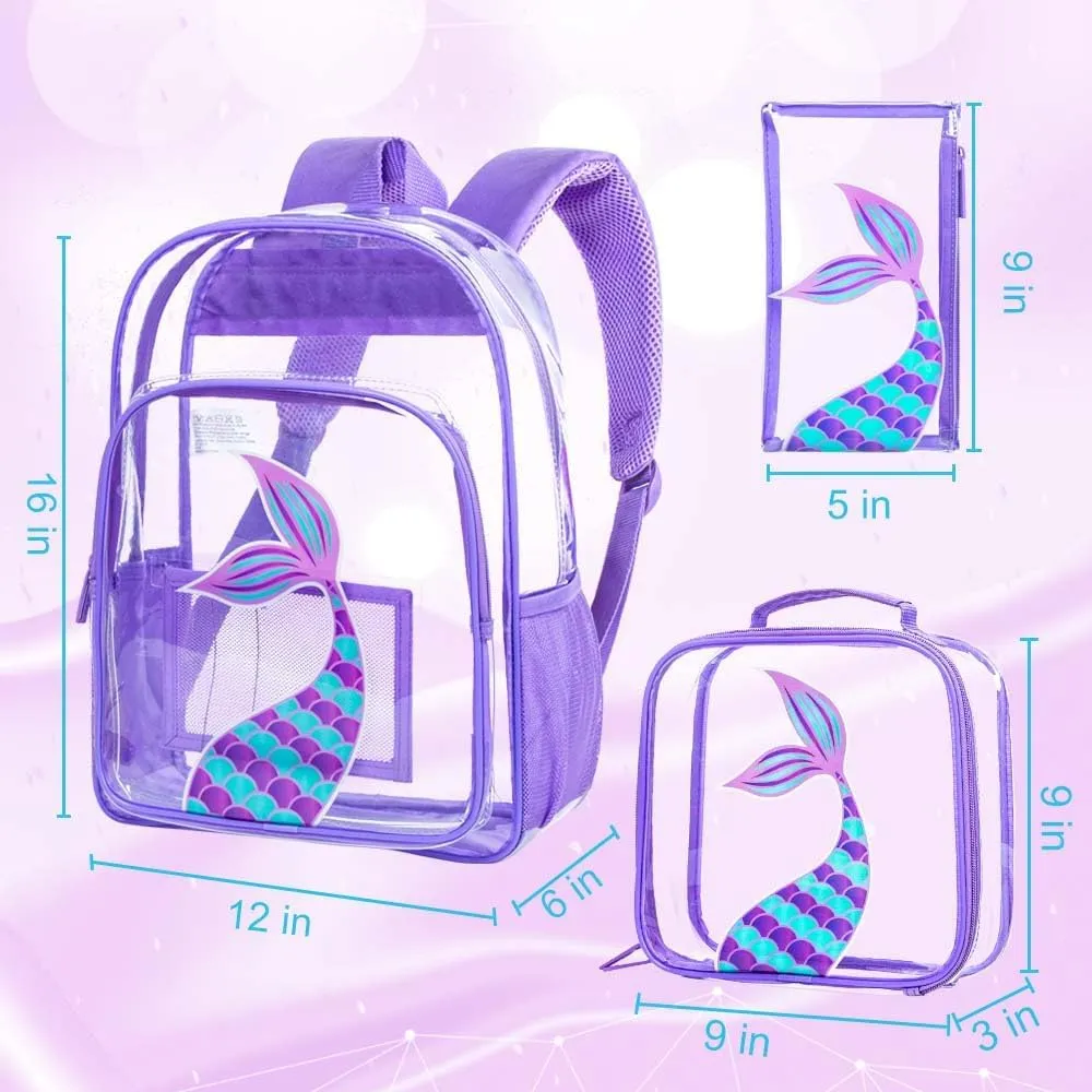AGSDON 3PCS Clear Backpack for Girls, Kids Mermaid Transparent Bookbag Heavy Duty, Cute See Through Backpacks with Lunch Bag - Purple