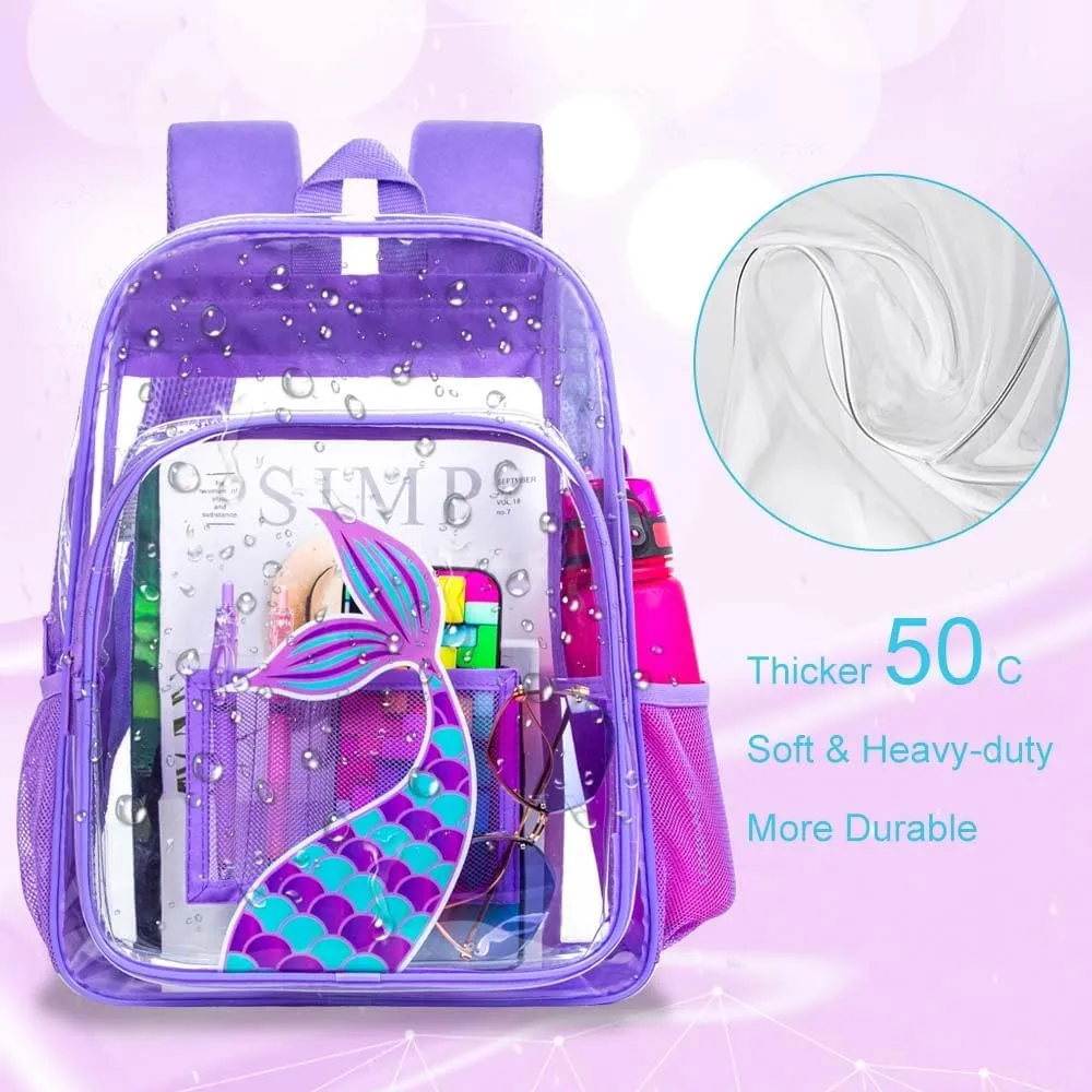 AGSDON 3PCS Clear Backpack for Girls, Kids Mermaid Transparent Bookbag Heavy Duty, Cute See Through Backpacks with Lunch Bag - Purple