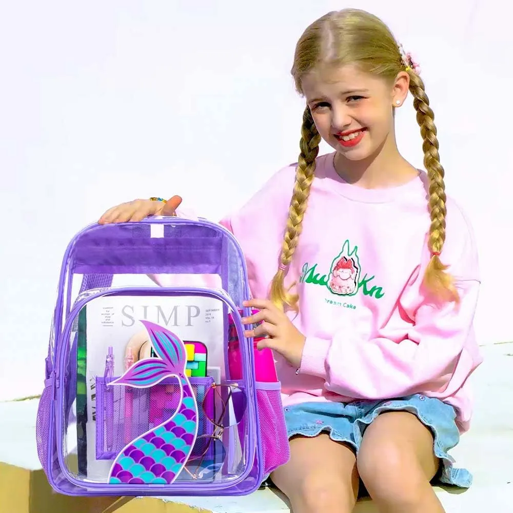 AGSDON 3PCS Clear Backpack for Girls, Kids Mermaid Transparent Bookbag Heavy Duty, Cute See Through Backpacks with Lunch Bag - Purple