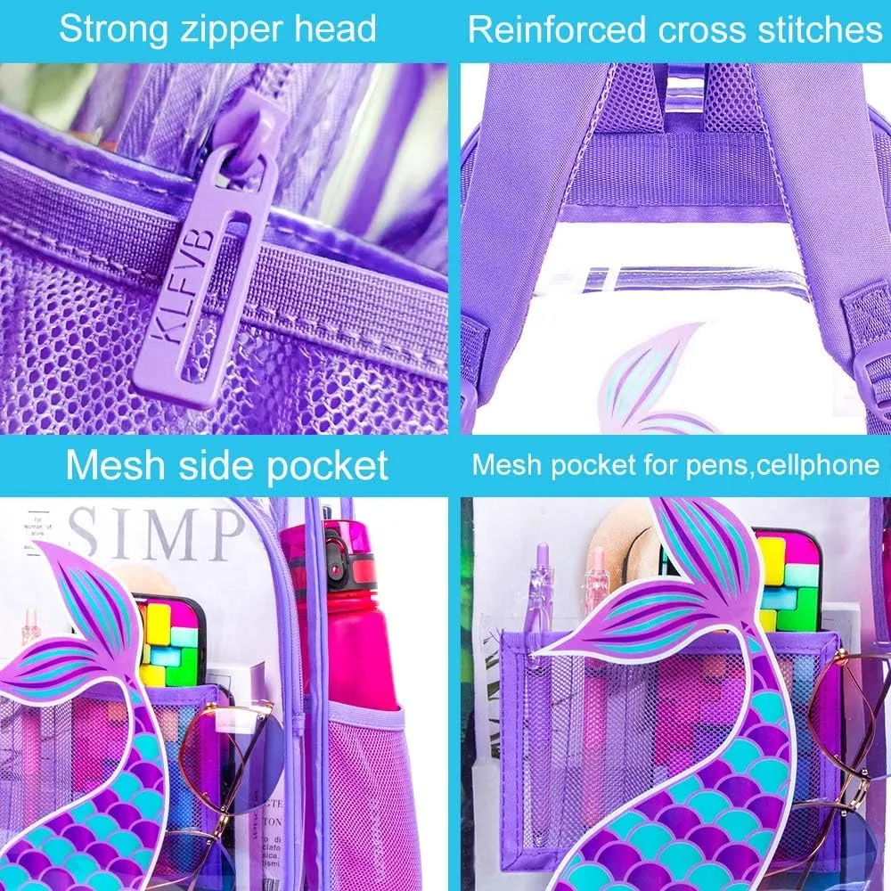 AGSDON 3PCS Clear Backpack for Girls, Kids Mermaid Transparent Bookbag Heavy Duty, Cute See Through Backpacks with Lunch Bag - Purple