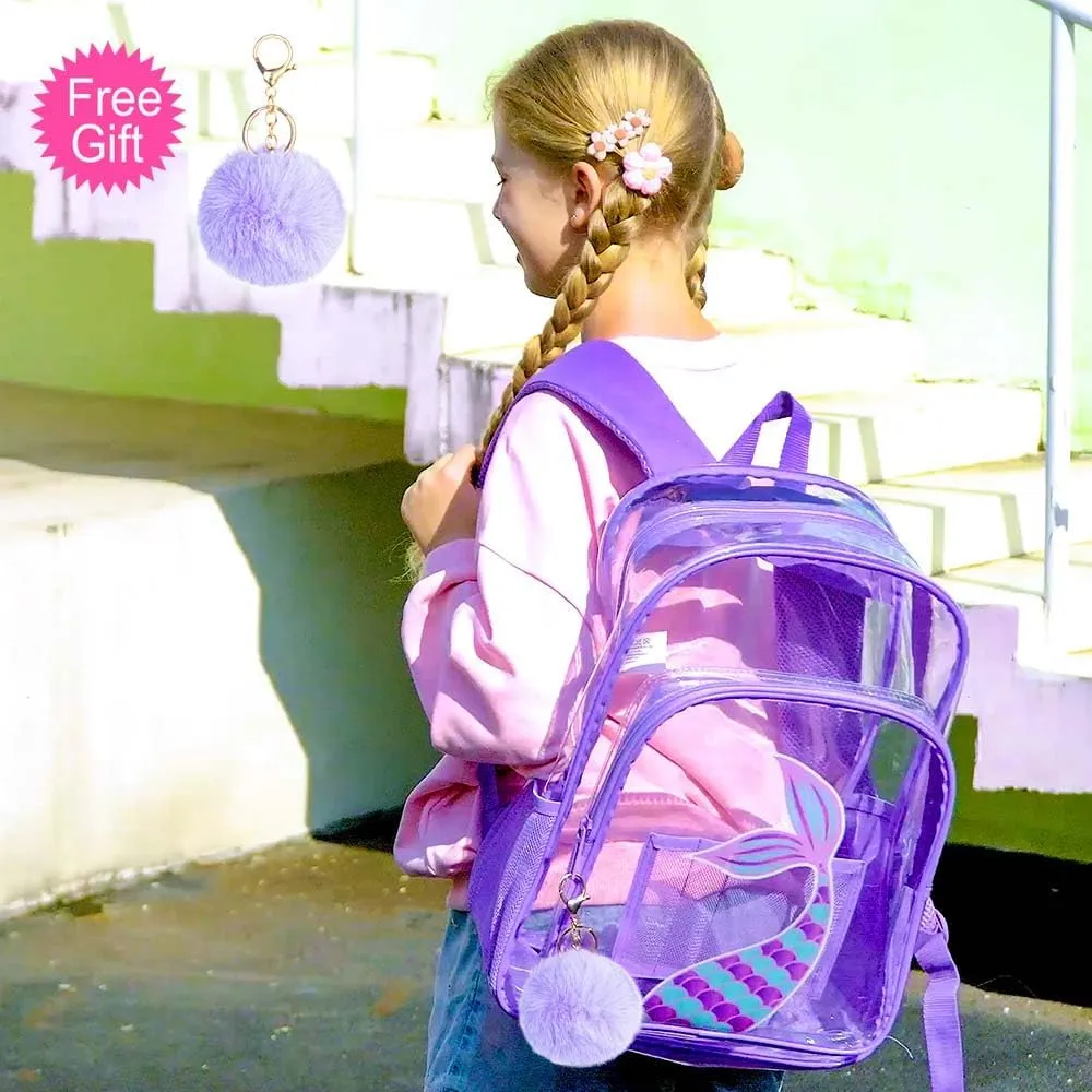 AGSDON 3PCS Clear Backpack for Girls, Kids Mermaid Transparent Bookbag Heavy Duty, Cute See Through Backpacks with Lunch Bag - Purple