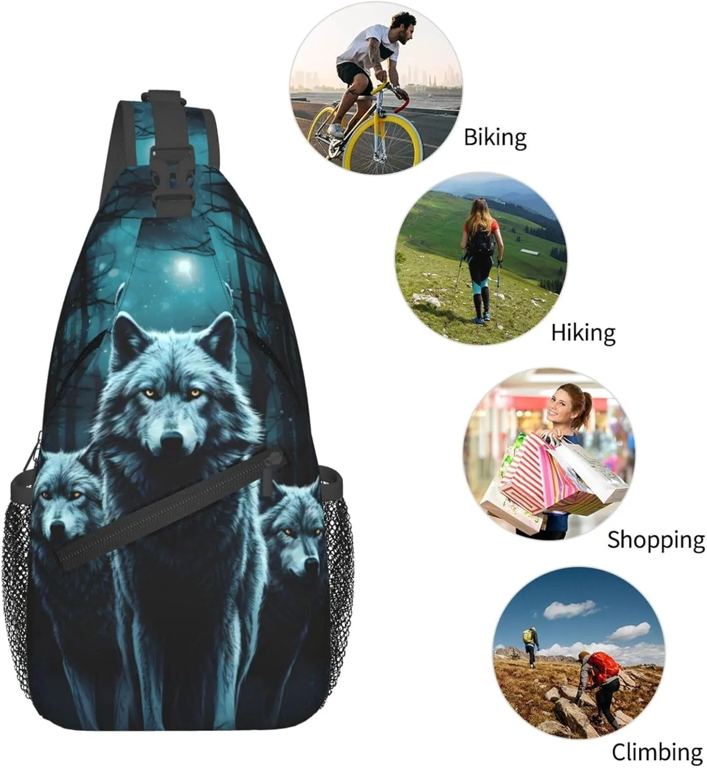 Animal Wolf and Moon Crossbody Chest Bag - Small Crossbody Shoulder Sling Bag for Women - Travel Hiking Daypack