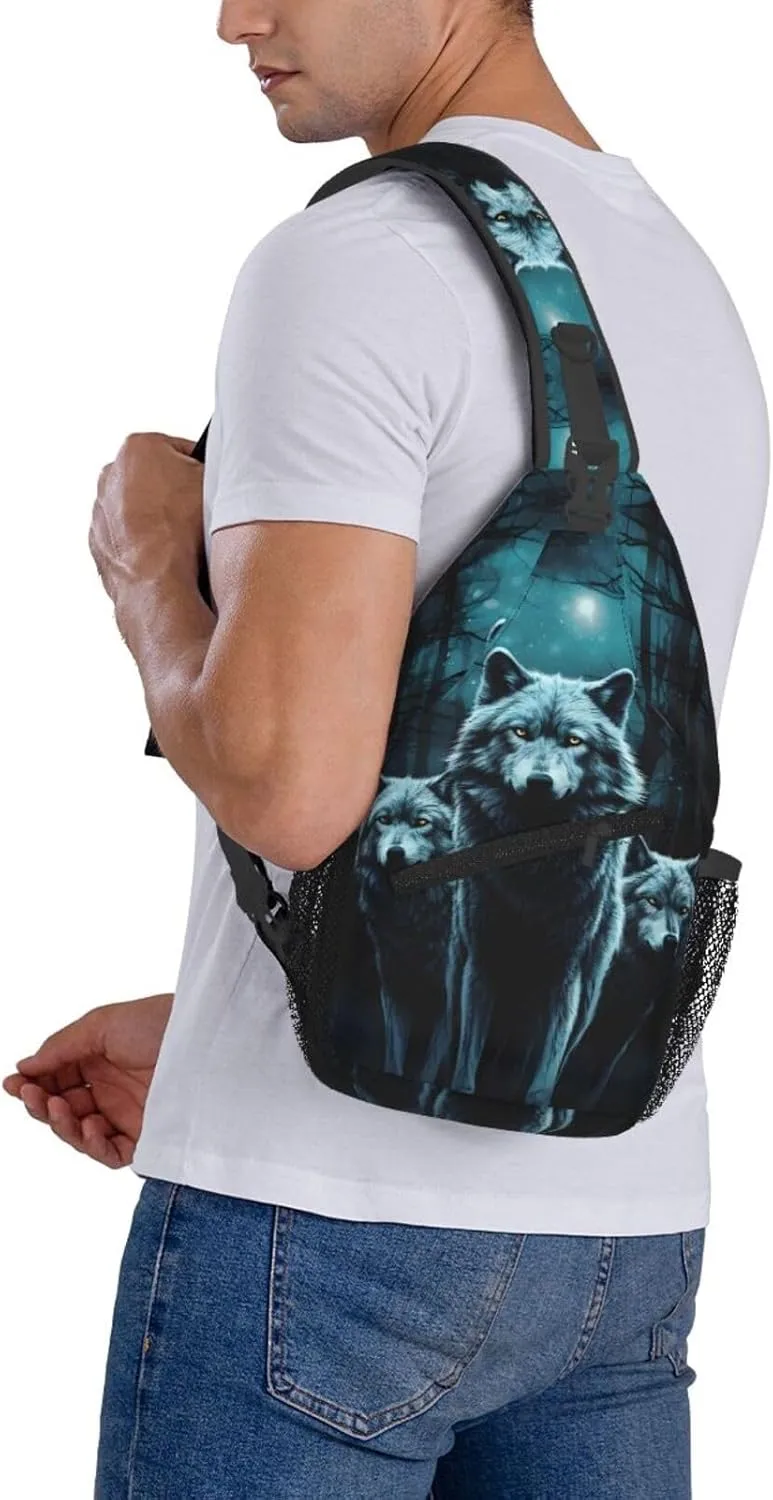 Animal Wolf and Moon Crossbody Chest Bag - Small Crossbody Shoulder Sling Bag for Women - Travel Hiking Daypack