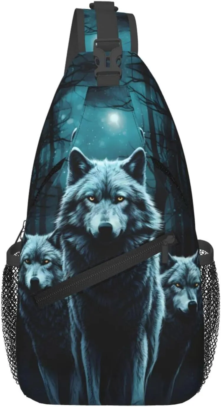 Animal Wolf and Moon Crossbody Chest Bag - Small Crossbody Shoulder Sling Bag for Women - Travel Hiking Daypack