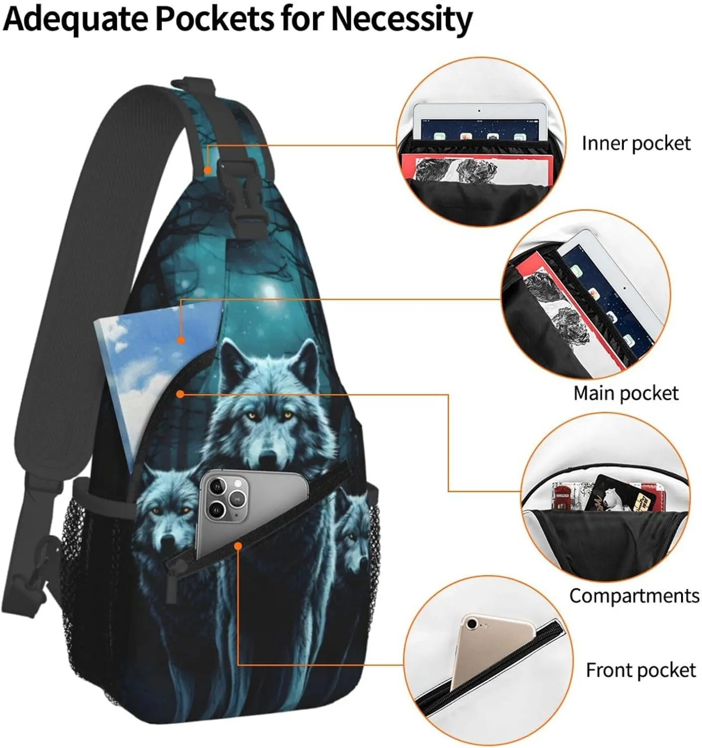 Animal Wolf and Moon Crossbody Chest Bag - Small Crossbody Shoulder Sling Bag for Women - Travel Hiking Daypack