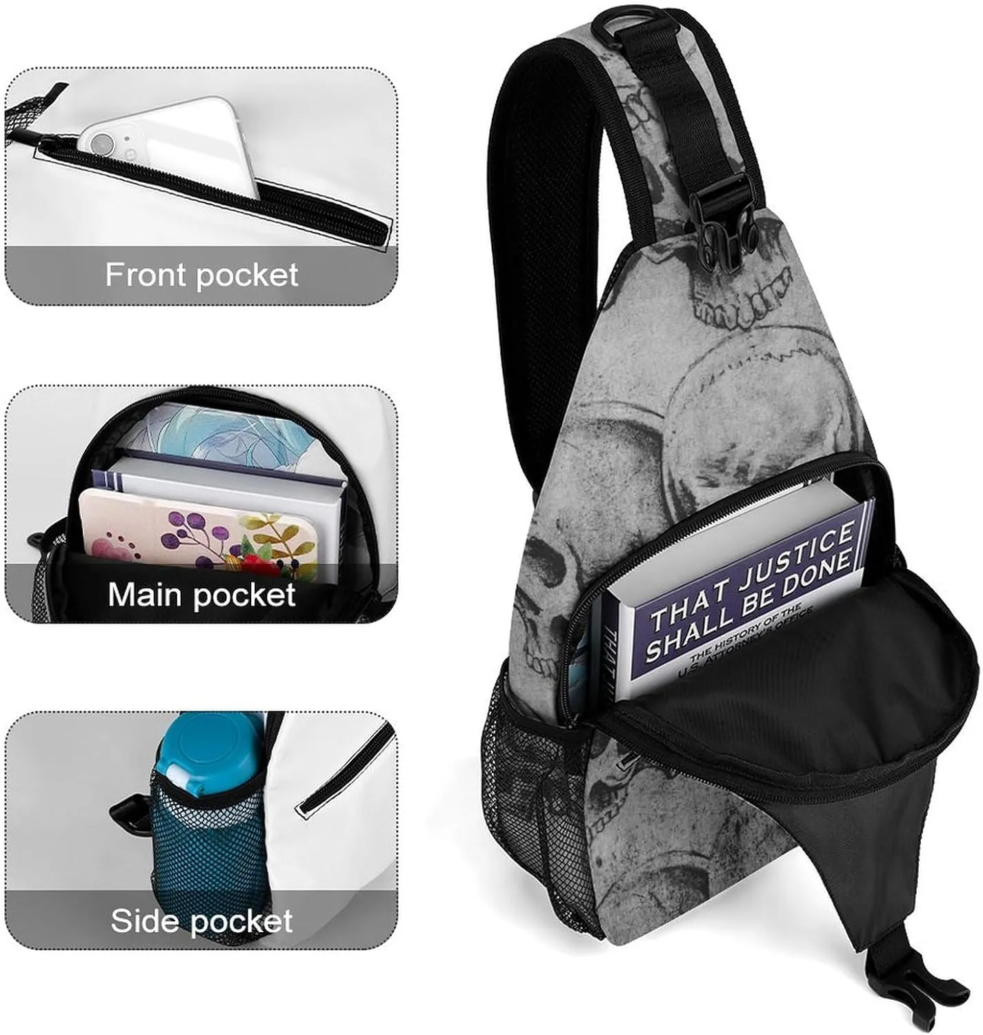 Art-Skulls Print Sling Backpack, Crossbody Shoulder Bag, Chest Bags for Outdoor Travel Fitness, 38x20cm, Style