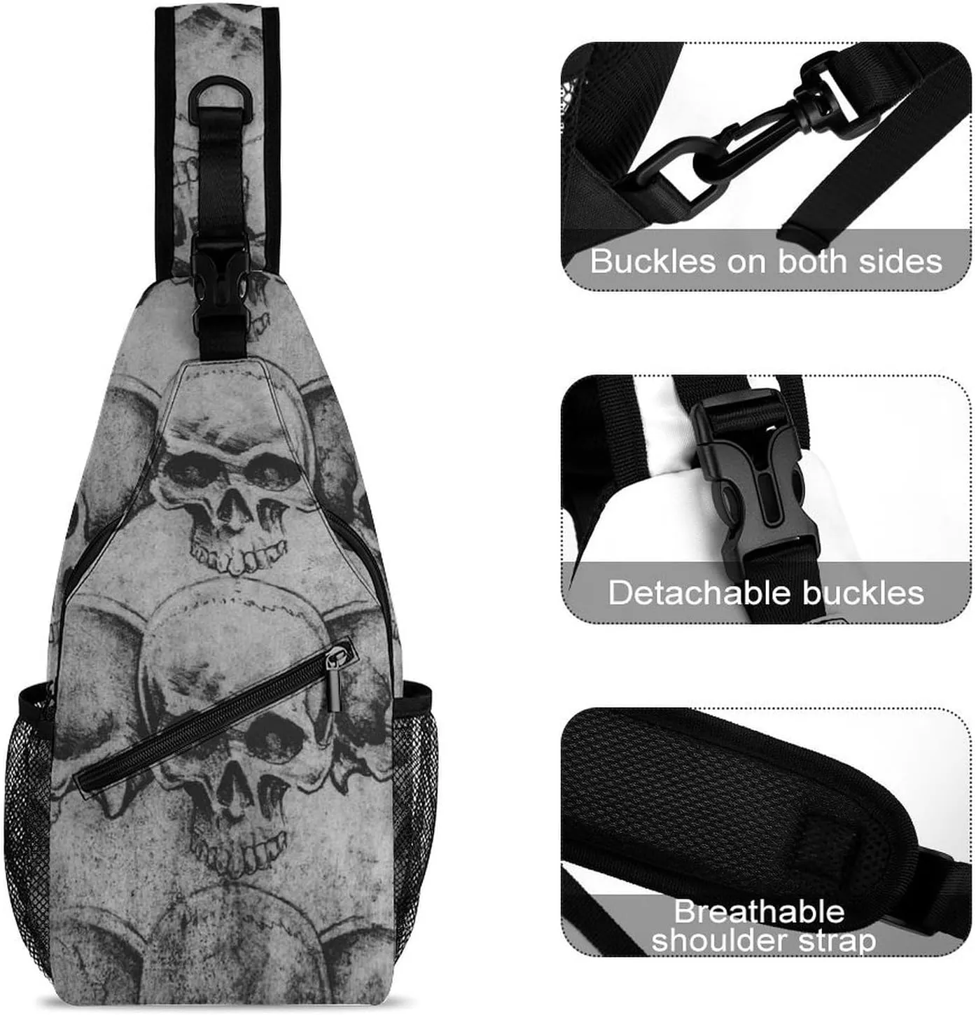 Art-Skulls Print Sling Backpack, Crossbody Shoulder Bag, Chest Bags for Outdoor Travel Fitness, 38x20cm, Style