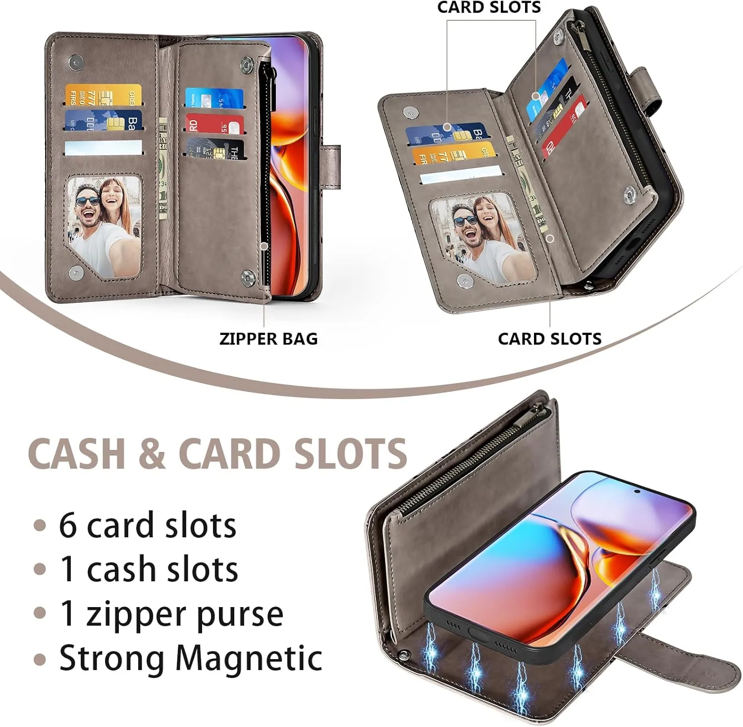 Asuwish Phone Case for Motorola Edge  Plus 2023/Edge 40 Pro 5G/Moto X40 Zipper Wallet Detachable Cell Cover with Tempered Glass Screen Protector Crossbody Strap Flower Card Holder X   Women Girls Gray