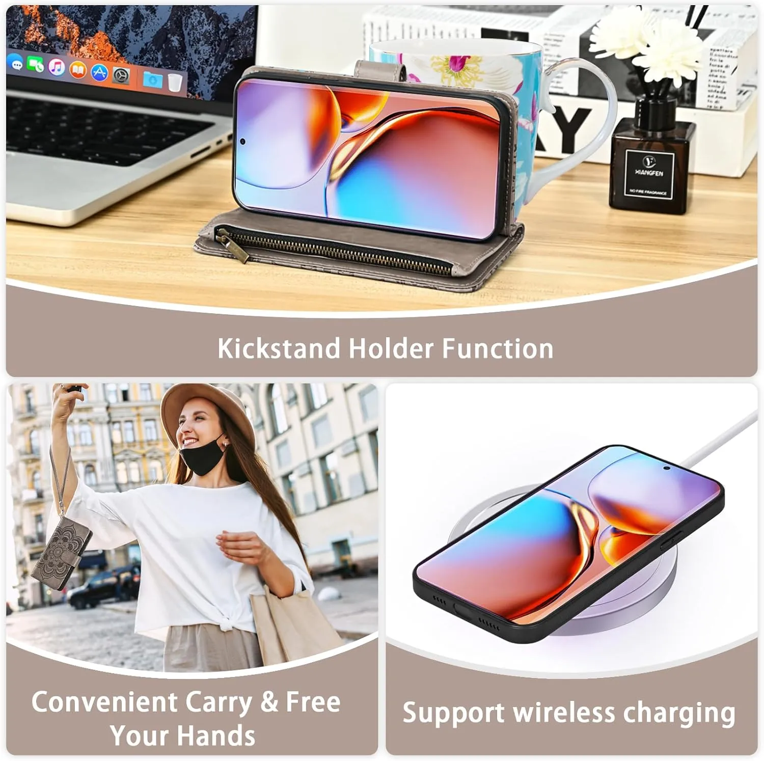 Asuwish Phone Case for Motorola Edge  Plus 2023/Edge 40 Pro 5G/Moto X40 Zipper Wallet Detachable Cell Cover with Tempered Glass Screen Protector Crossbody Strap Flower Card Holder X   Women Girls Gray