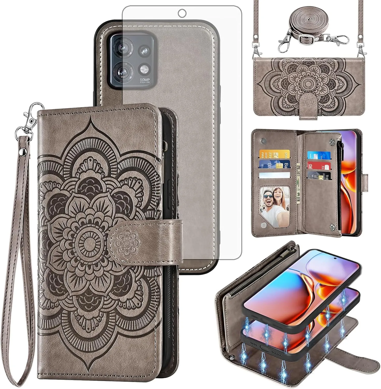 Asuwish Phone Case for Motorola Edge  Plus 2023/Edge 40 Pro 5G/Moto X40 Zipper Wallet Detachable Cell Cover with Tempered Glass Screen Protector Crossbody Strap Flower Card Holder X   Women Girls Gray