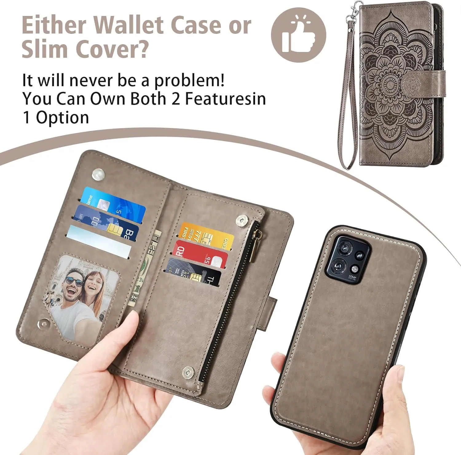 Asuwish Phone Case for Motorola Edge  Plus 2023/Edge 40 Pro 5G/Moto X40 Zipper Wallet Detachable Cell Cover with Tempered Glass Screen Protector Crossbody Strap Flower Card Holder X   Women Girls Gray