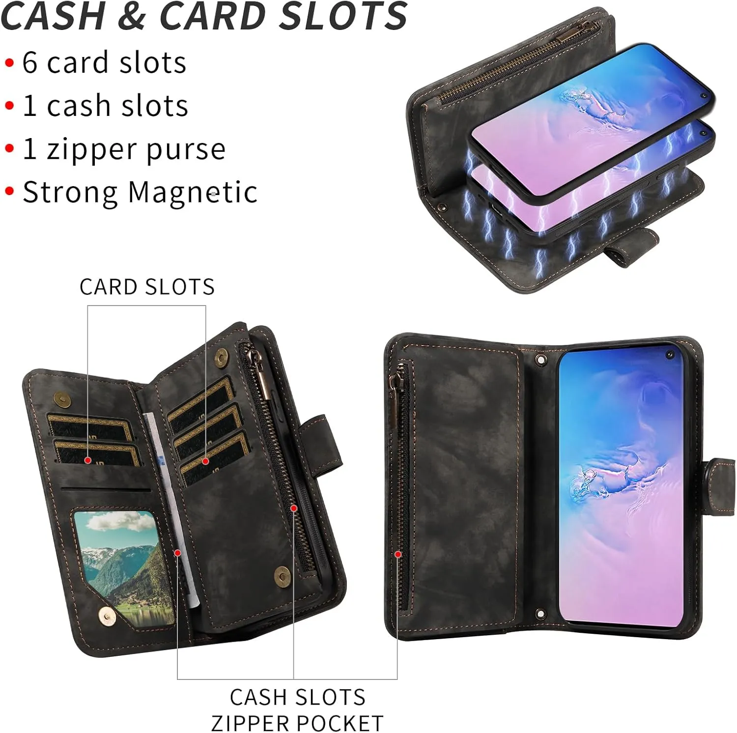 Asuwish Phone Case for Samsung Galaxy S10 Zipper Wallet Magnetic Cell Cover with Tempered Glass Screen Protector Crossbody Wrist Strap Flip Credit Card Holder S 10 Edge 10S GS10 X10 Women Girls Black