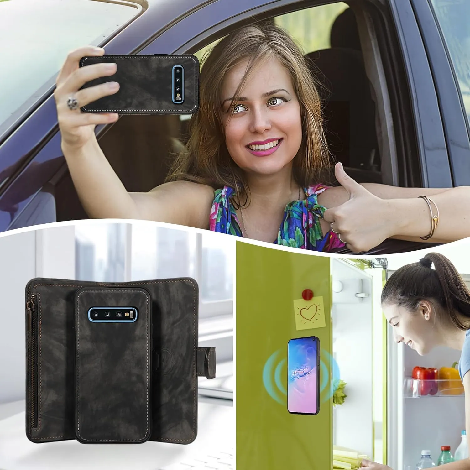 Asuwish Phone Case for Samsung Galaxy S10 Zipper Wallet Magnetic Cell Cover with Tempered Glass Screen Protector Crossbody Wrist Strap Flip Credit Card Holder S 10 Edge 10S GS10 X10 Women Girls Black