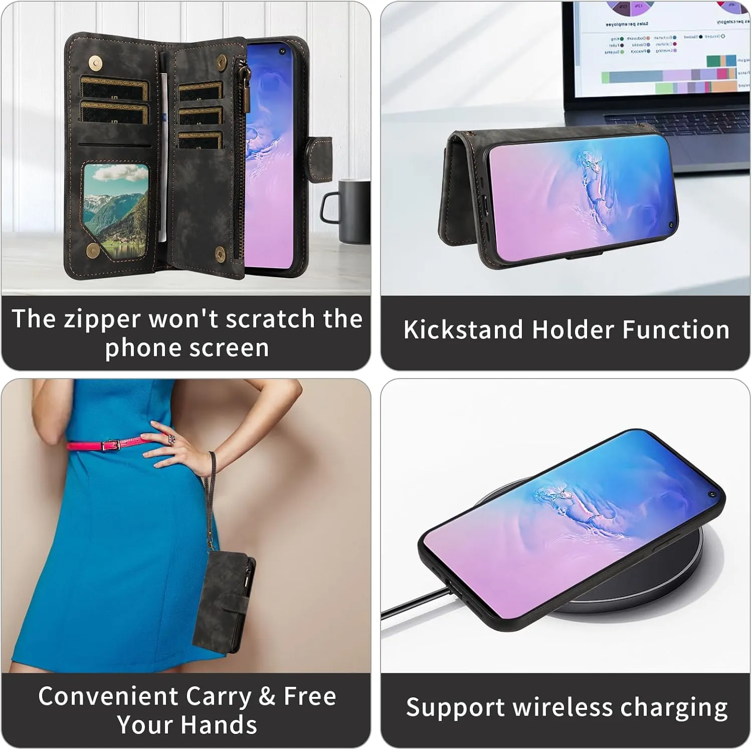 Asuwish Phone Case for Samsung Galaxy S10 Zipper Wallet Magnetic Cell Cover with Tempered Glass Screen Protector Crossbody Wrist Strap Flip Credit Card Holder S 10 Edge 10S GS10 X10 Women Girls Black