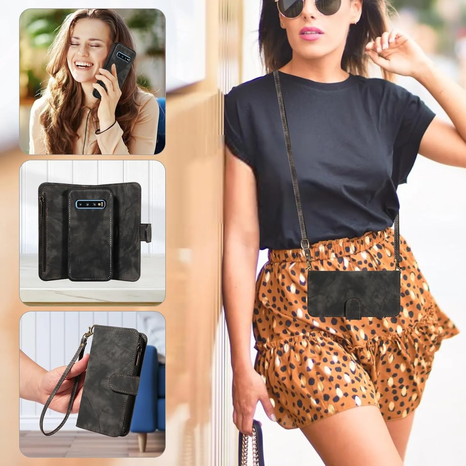 Asuwish Phone Case for Samsung Galaxy S10 Zipper Wallet Magnetic Cell Cover with Tempered Glass Screen Protector Crossbody Wrist Strap Flip Credit Card Holder S 10 Edge 10S GS10 X10 Women Girls Black