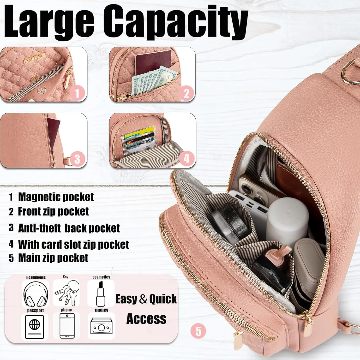 Atelaris Leather Sling Bag for Women,Fashion Crossbody Bags Fanny Packs for Women,Chest Bag for Travel Sport