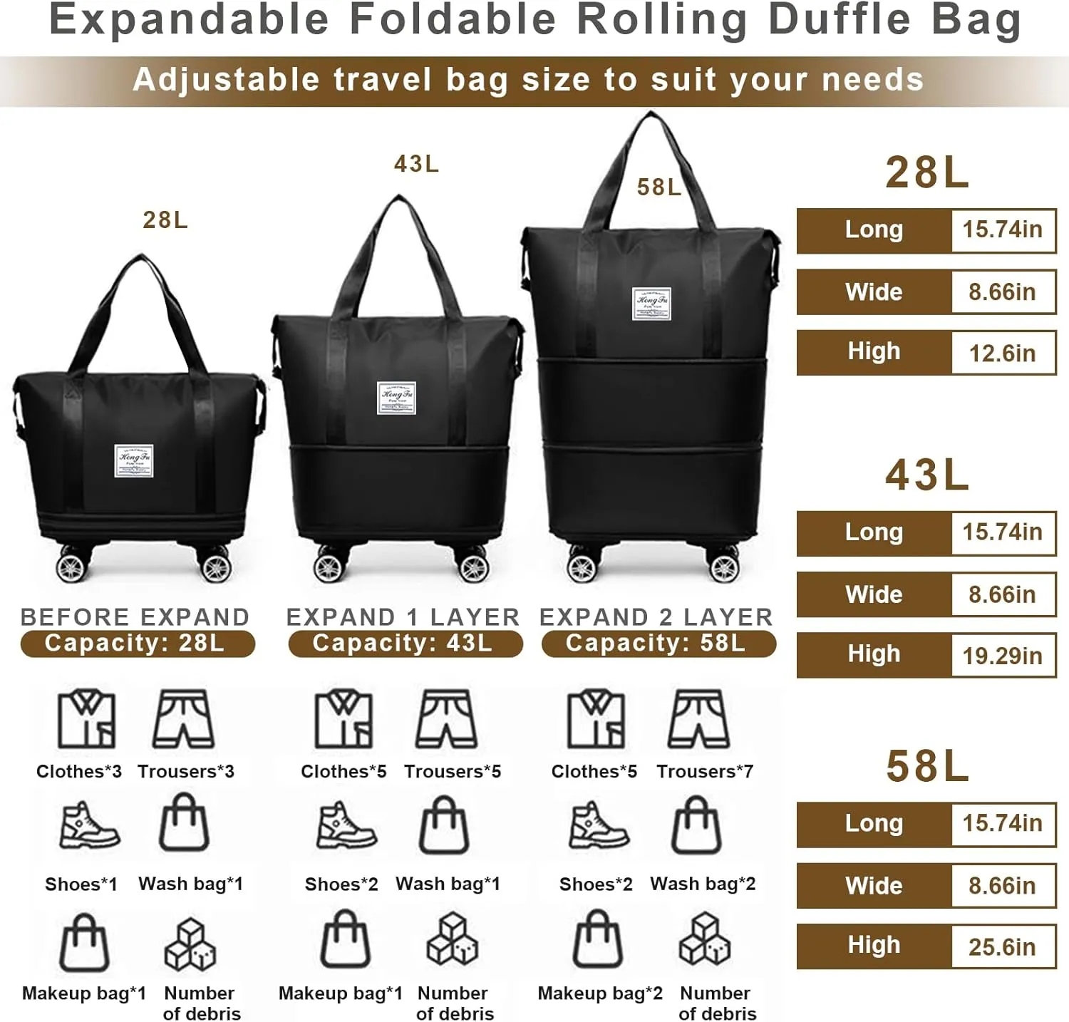 Barsine Rolling Duffle Bag with Wheels, Large Expandable Tote Bags for Weekend Overnight Carry On Wheeled Duffel with Travel Essentials Bag, Purple
