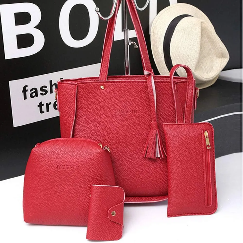 Beach Tote Bag 4 Packet Solid Color Leather Handbags Shoulder Bags Crossbody Hobo Bags Card Purse Work Travel Essential E
