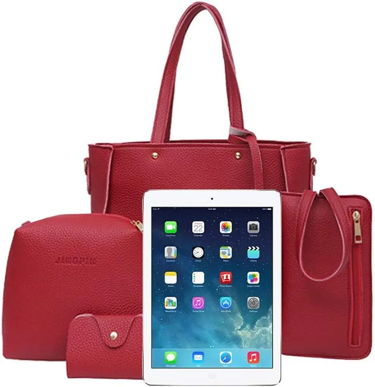 Beach Tote Bag 4 Packet Solid Color Leather Handbags Shoulder Bags Crossbody Hobo Bags Card Purse Work Travel Essential E