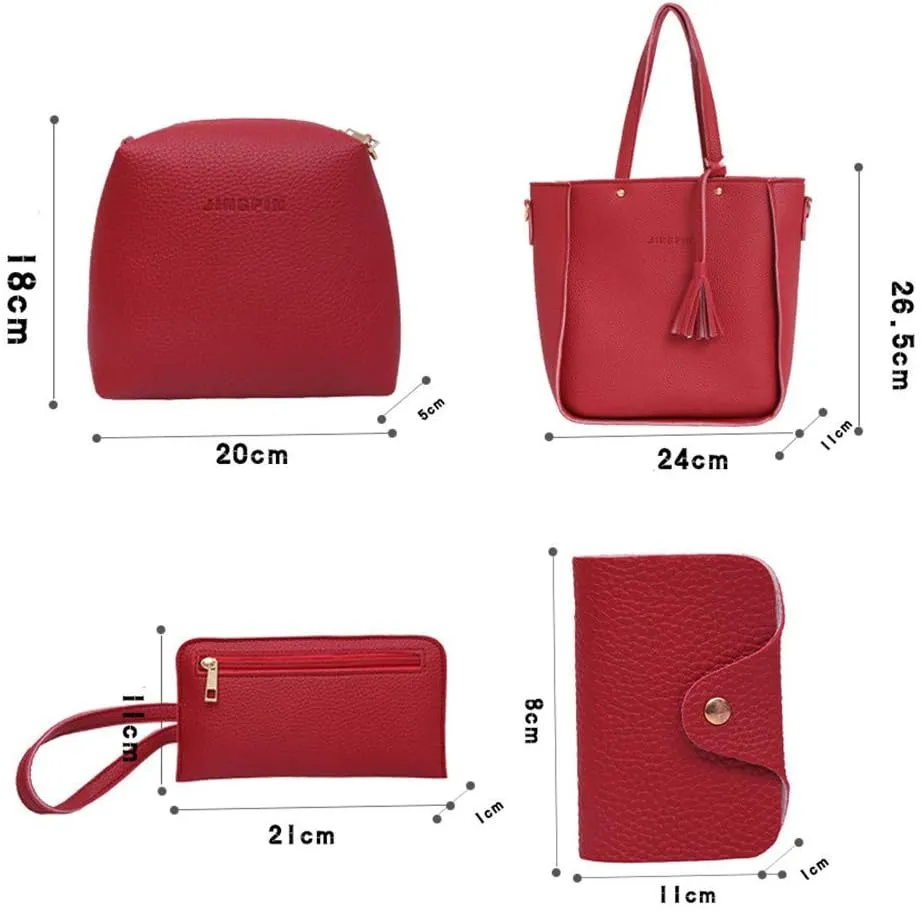Beach Tote Bag 4 Packet Solid Color Leather Handbags Shoulder Bags Crossbody Hobo Bags Card Purse Work Travel Essential E