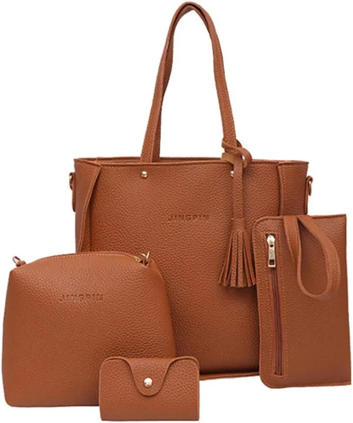 Beach Tote Bag 4 Packet Solid Color Leather Handbags Shoulder Bags Crossbody Hobo Bags Card Purse Work Travel Essential E