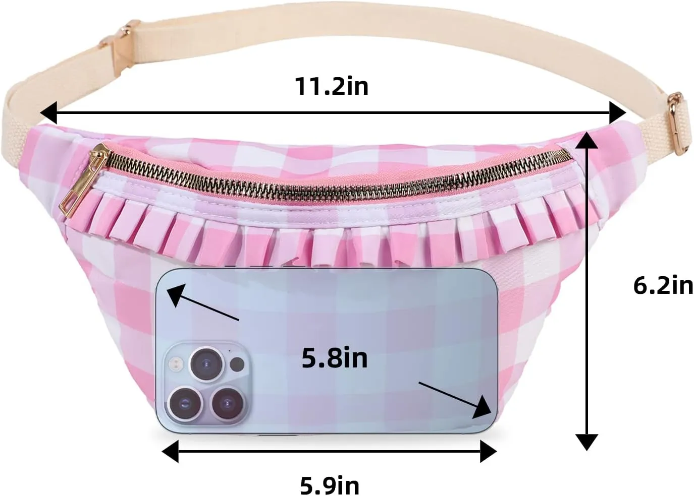 Belt Bag for Women Gingham Ruffle Crossbody Fanny Pack with Adjustable Strap,Cute Mini Everywhere Fashion Waist Pack Bag Bum bag for Traveling Hiking Cycling Running Casual (Pink) 