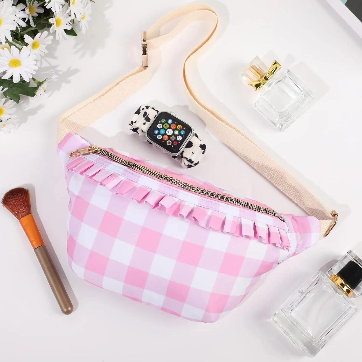 Belt Bag for Women Gingham Ruffle Crossbody Fanny Pack with Adjustable Strap,Cute Mini Everywhere Fashion Waist Pack Bag Bum bag for Traveling Hiking Cycling Running Casual (Pink) 