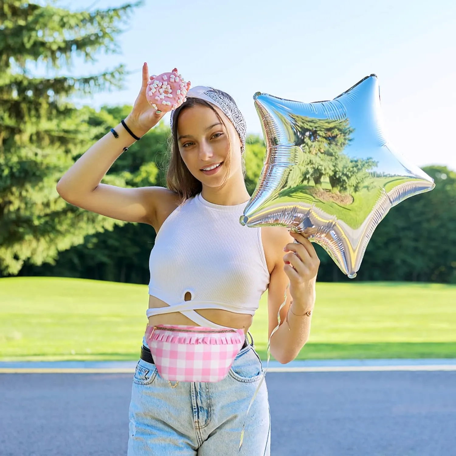 Belt Bag for Women Gingham Ruffle Crossbody Fanny Pack with Adjustable Strap,Cute Mini Everywhere Fashion Waist Pack Bag Bum bag for Traveling Hiking Cycling Running Casual (Pink) 