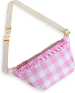 Belt Bag for Women Gingham Ruffle Crossbody Fanny Pack with Adjustable Strap,Cute Mini Everywhere Fashion Waist Pack Bag Bum bag for Traveling Hiking Cycling Running Casual (Pink) 