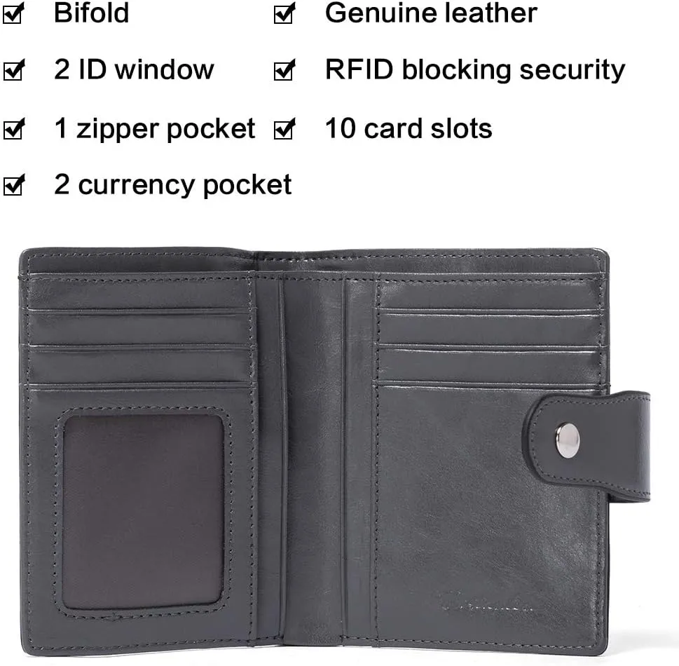 BOSTANTEN Women Leather Wallet RFID Blocking Small Bifold Zipper Pocket Wallet Card Case Purse with ID Window