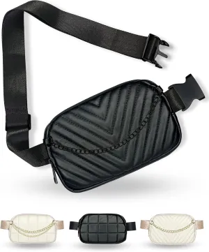 Boutique Luxury Chain Belt Bag | Crossbody Bag Leather Fanny Pack for Women Fashionable | Cute Everywhere Bum Hip Waist Pack | Small Travel Fashion Chest Bag (Small Strap, Black Midnight | Chevron)