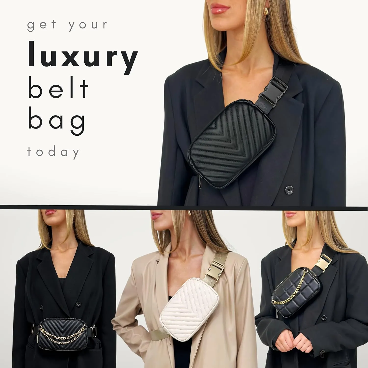 Boutique Luxury Chain Belt Bag | Crossbody Bag Leather Fanny Pack for Women Fashionable | Cute Everywhere Bum Hip Waist Pack | Small Travel Fashion Chest Bag (Small Strap, Black Midnight | Chevron)