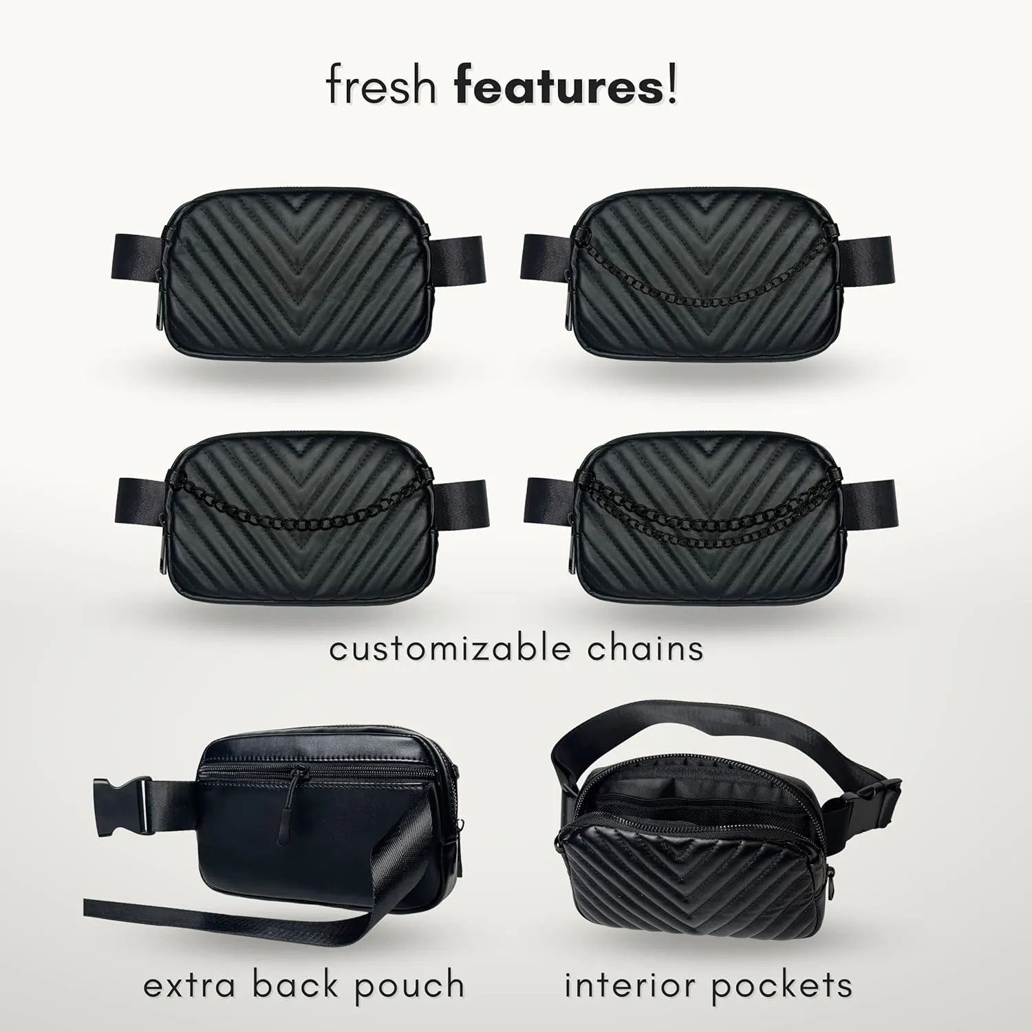Boutique Luxury Chain Belt Bag | Crossbody Bag Leather Fanny Pack for Women Fashionable | Cute Everywhere Bum Hip Waist Pack | Small Travel Fashion Chest Bag (Small Strap, Black Midnight | Chevron)