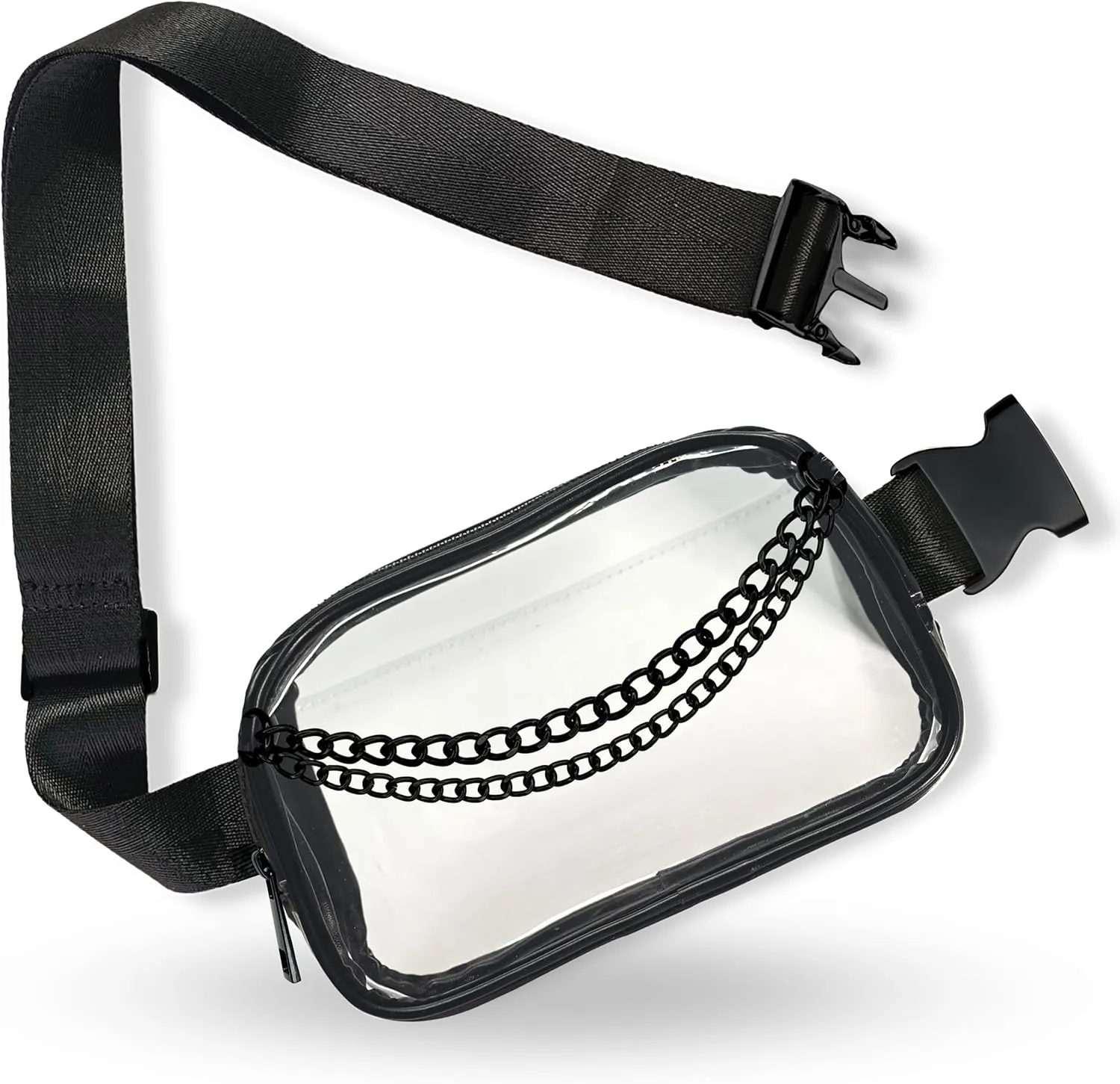 Boutique Luxury Chain Belt Bag | Crossbody Bag Leather Fanny Pack for Women Fashionable | Extended Plus Size | Everywhere Waist Pack | Small Chest Bag (Extended Strap Length, Black Midnight | Clear)