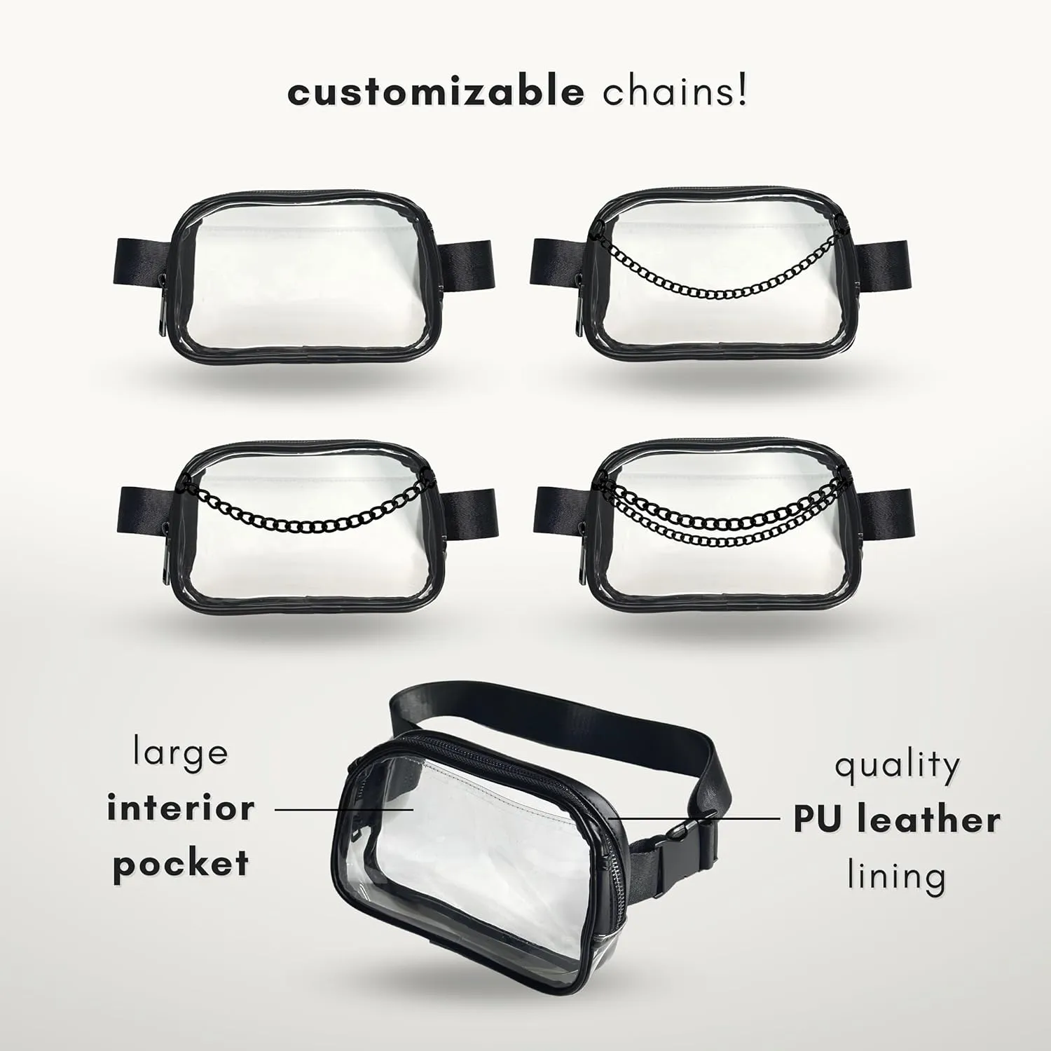 Boutique Luxury Chain Belt Bag | Crossbody Bag Leather Fanny Pack for Women Fashionable | Extended Plus Size | Everywhere Waist Pack | Small Chest Bag (Extended Strap Length, Black Midnight | Clear)