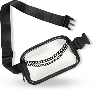 Boutique Luxury Chain Belt Bag | Crossbody Bag Leather Fanny Pack for Women Fashionable | Extended Plus Size | Everywhere Waist Pack | Small Chest Bag (Extended Strap Length, Black Midnight | Clear)