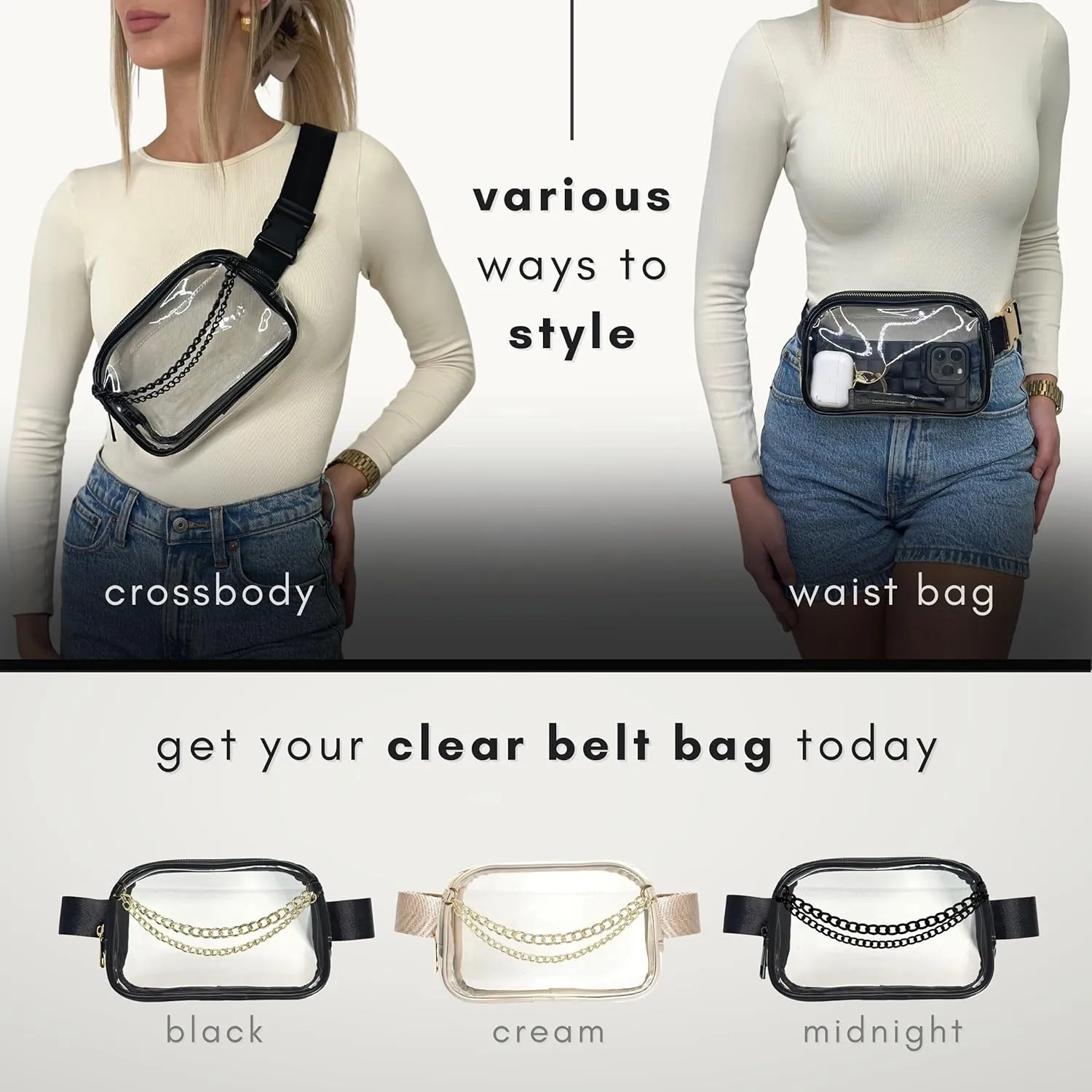 Boutique Luxury Chain Belt Bag | Crossbody Bag Leather Fanny Pack for Women Fashionable | Extended Plus Size | Everywhere Waist Pack | Small Chest Bag (Extended Strap Length, Black Midnight | Clear)