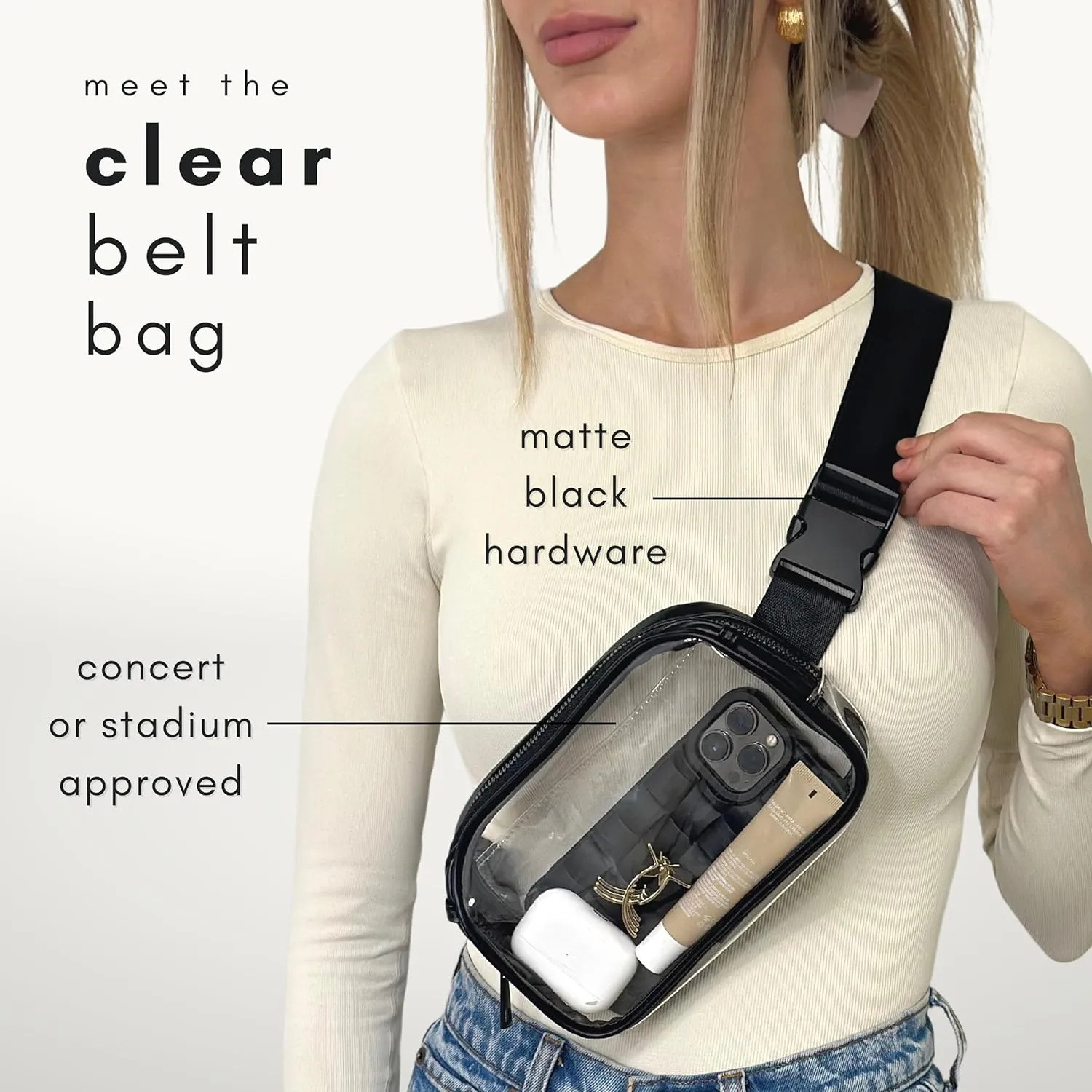 Boutique Luxury Chain Belt Bag | Crossbody Bag Leather Fanny Pack for Women Fashionable | Extended Plus Size | Everywhere Waist Pack | Small Chest Bag (Extended Strap Length, Black Midnight | Clear)