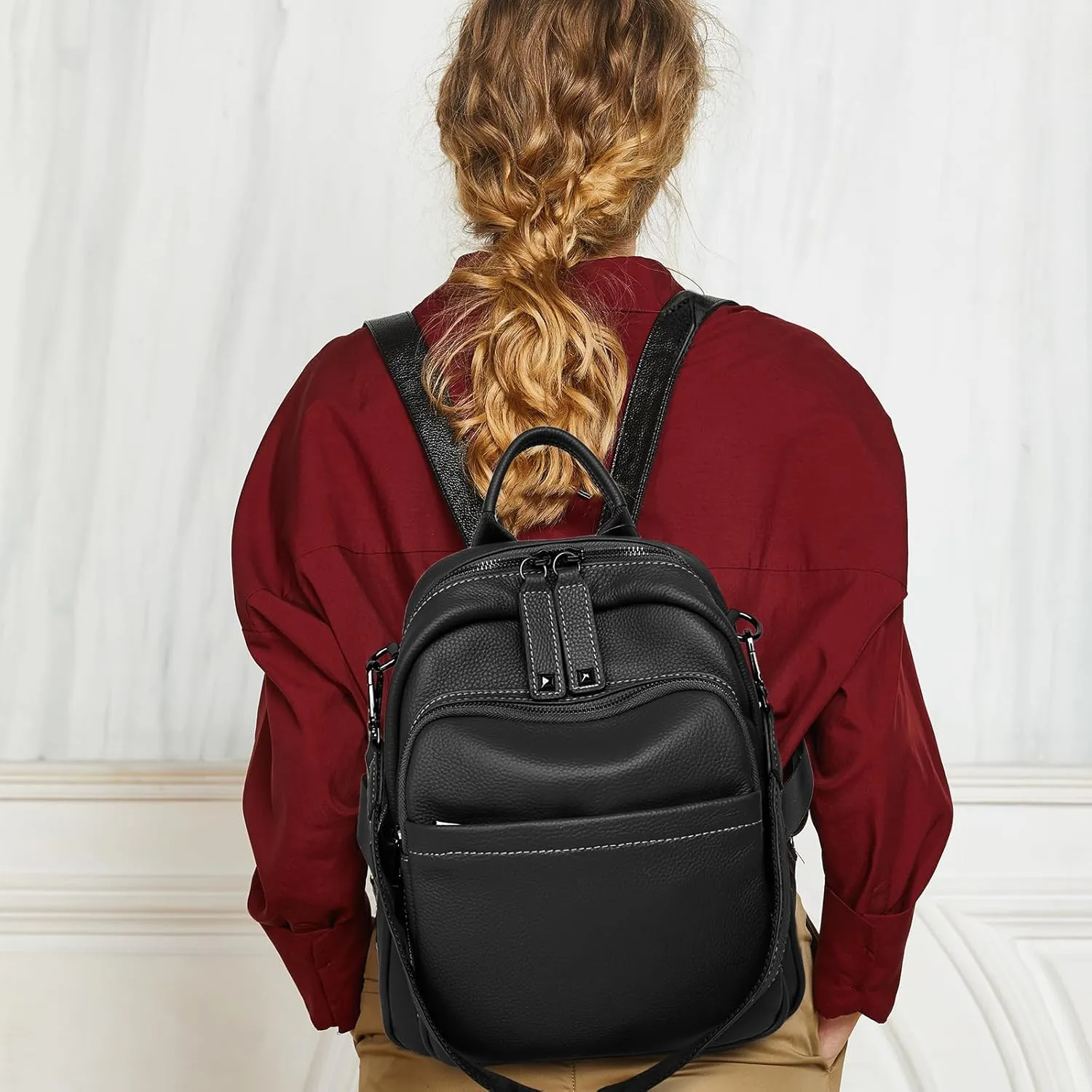 BOYATU Genuine Leather Backpack Purse for Women: Anti Theft Convertible Soft Backpacks - Elegant Womens Travel Backpack (01 Obsidian Black)