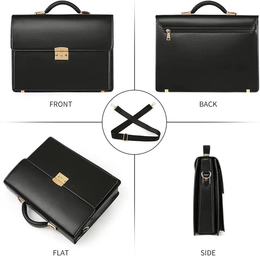 Briefcases for Men Business Mens Leather Briefcase Locking Black Laptop Messenger Bag Lawyer Hard Case