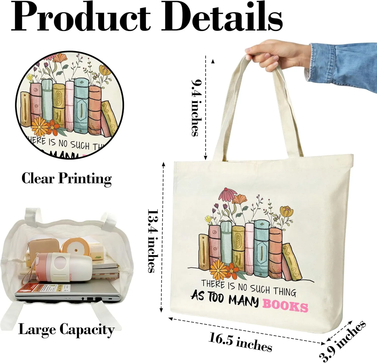 Canvas Book Tote Bag Aesthetic, Reusable Grocery Shopping Bags, Book Lovers Birthday Gifts Library Book Bag Gifts for Readers, Librarian Gifts (A10), Medium