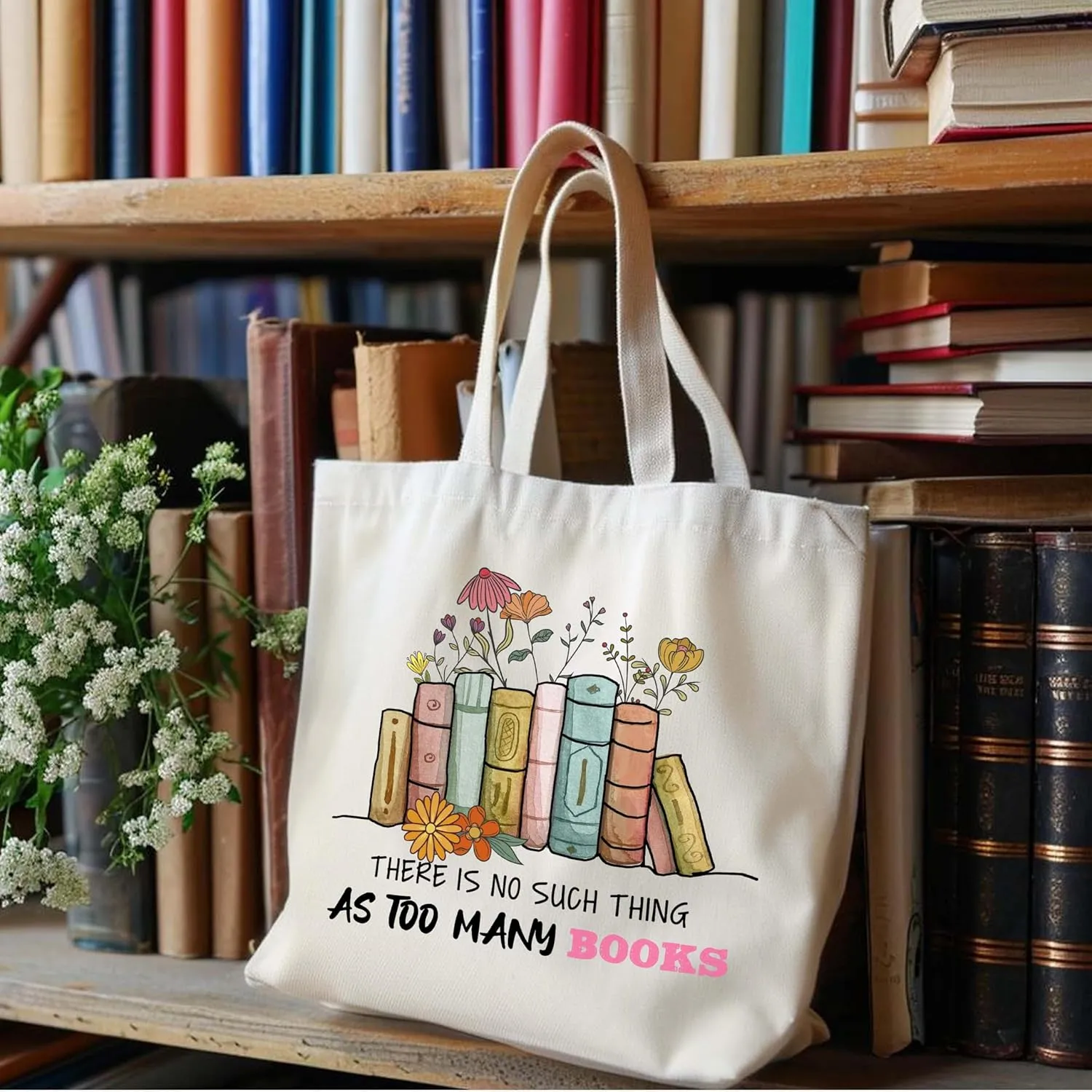 Canvas Book Tote Bag Aesthetic, Reusable Grocery Shopping Bags, Book Lovers Birthday Gifts Library Book Bag Gifts for Readers, Librarian Gifts (A10), Medium
